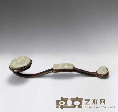 清中期 红木镶白玉刻菊花蝙蝠纹如意 长50cm